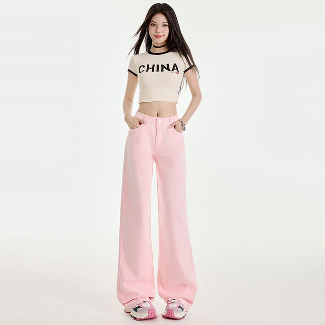 Spring 2025 New Pink High Waist Stitching Design Contrast Color Straight Jeans Women JEANS WOMEN