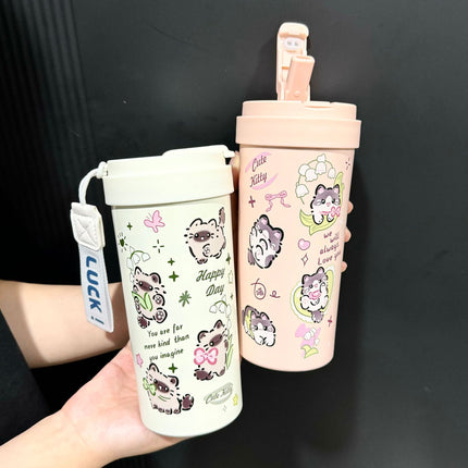 New cute thermos cup 316 stainless steel coffee cup portable double drink portable men's and women's straw accompanying cup