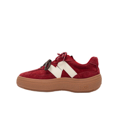 Genuine Leather Retro Thick-Soled German Training Shoes for Women, New Spring and Summer Style Red Casual Sneakers with Hidden Height Increase