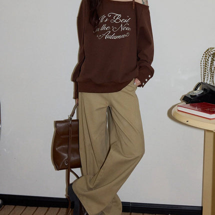 American Coffee Color Letter Off-Shoulder Sweatshirt for Women 2025 Autumn Lazy High-End Loose Casual Long-Sleeved Top