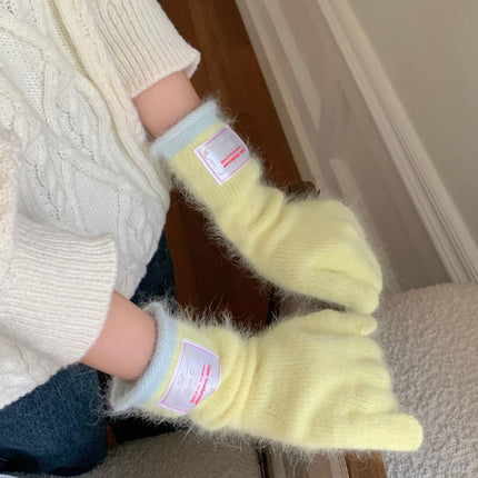 Ins blogger with rabbit fur long gloves color matching knitted finger can play mobile phone cloth label fashion ladies gloves