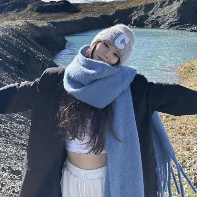 Factory new solid color haze blue scarf women's winter fluffy hair thickened students white students warm scarf