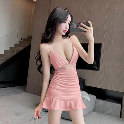 Night show work clothes nightclub foot bath sexy work clothes women's mesh stitching low-cut V-neck sling dress