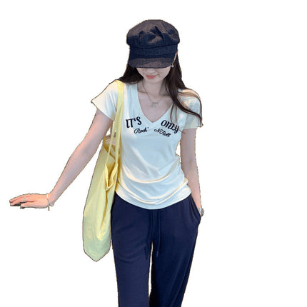 Affordable Women's Style Letter Printed V Neck Right Shoulder Short-Sleeved T-Shirt for Women 2025 Summer New Pure Pinch Waist Sexy Top