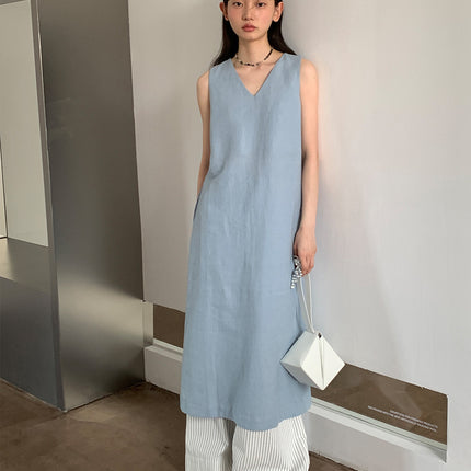 Love and Nancy Guangzhou Thirteen Lines Summer Original New Ramie V Neck Hollow Slit Smart Dress 22499