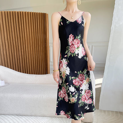 Summer New Acetate Satin Spaghetti Strap Dress for Women, Printed Plus-Size Elegant V-Neck Long Dress, Stylish Versatile Base Dress
