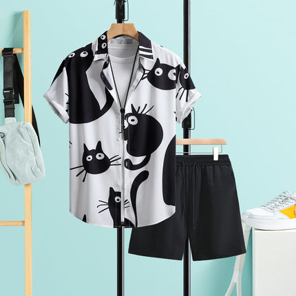 Casual Men's Shorts suit Black Cat Print Men's Short-sleeved Shirt Men's Shirt Summer 2025 New Cross-border