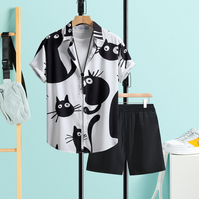 Casual Men's Shorts suit Black Cat Print Men's Short-sleeved Shirt Men's Shirt Summer 2025 New Cross-border