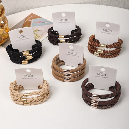 3-Pack of Premium Elastic Hair Bands with Gold Beads, Thick and High-Elastic Braided Hair Ties, Simple High Ponytail Hair Ties