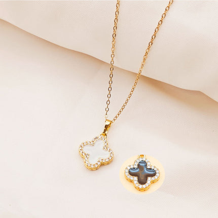 Light Luxury Double-sided Oil Drop Four-leaf Clover Necklace Women's Golden High-grade Micro-set Zircon Flower Pendant Clavicle Chain Accessories