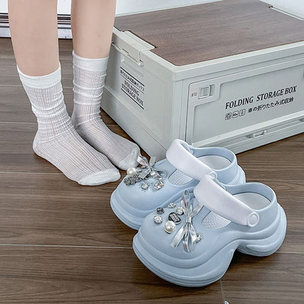 Increased Comfortable Explosions Retro Sweet Bow Hole Shoes Rhinestone Korean-style Office Home Non-slip Baotou Slippers