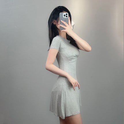 Korean Dongdaemun Slim-fit Sexy Tight Waist Figure Pleated Irregular Chest Large Short-sleeved Dress for Women
