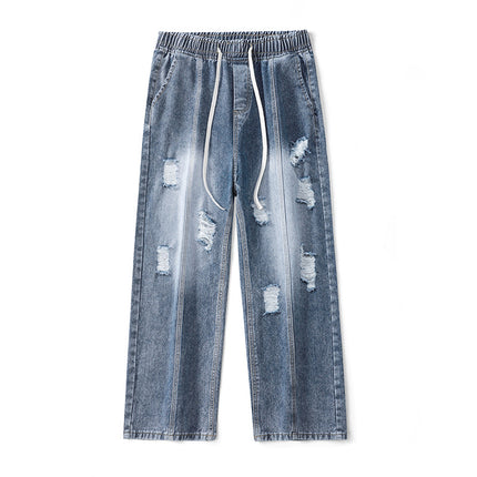 Ripped Jeans Men's Summer Thin Trendy Brand Loose Straight Pants American High Street Yellow Mud Washed Wide Leg Pants for Men