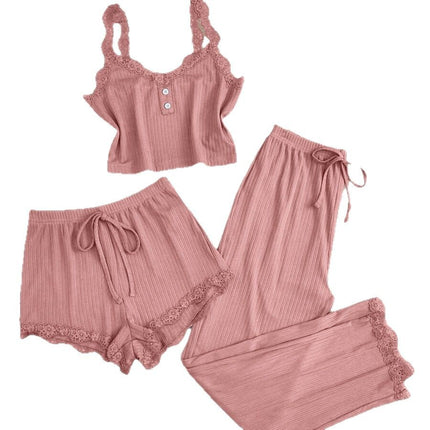 Lace Trim Three-Piece Set: Camisole, Shorts, Long Pants, Women's Slim-Fit Loungewear, Brushed Sleepwear