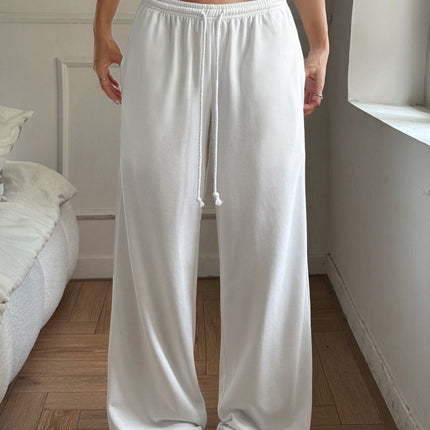 European and American New Autumn Women's Sports Daily Casual Elastic Waistband Pocket Solid Color Wide-Leg Pants with a Relaxed Feel