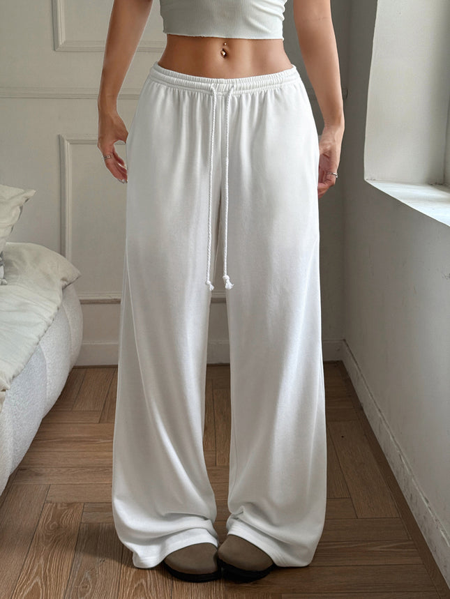 European and American New Autumn Women's Sports Daily Casual Elastic Waistband Pocket Solid Color Wide-Leg Pants with a Relaxed Feel