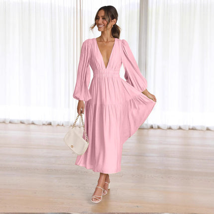 European and American Export 25-Year-Old Autumn and Winter V-Neck Waist Slimming Look Pleated Long-Sleeved Small Fresh Dress for Women 23051