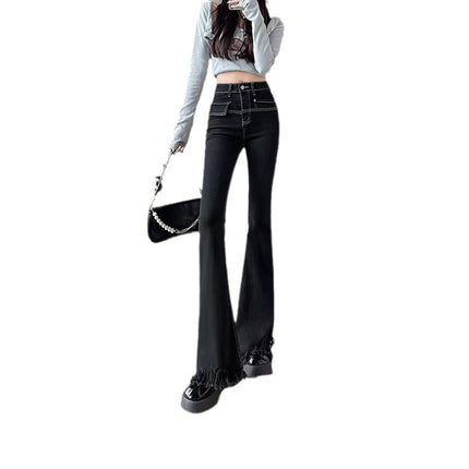 High-Waisted Frayed Flared Jeans for Women, Spring and Autumn Vintage Slim-Fit Stretchy Floor-Length Slimming Casual Versatile Pants