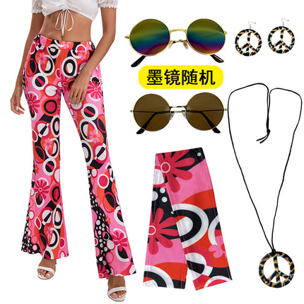 2025 Amazon Hot Selling Women's Hippie Clothing Fashionable Wide Leg Flare Pants Contrast Printed Trousers + Headscarf