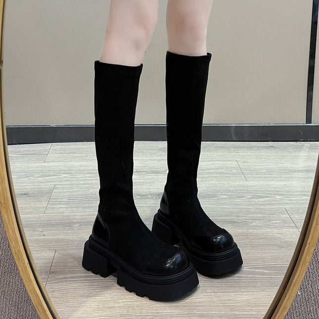 But knee long boots women's 2024 autumn and winter new vintage thick bottom high tube thin boots suede thick heel elastic boots