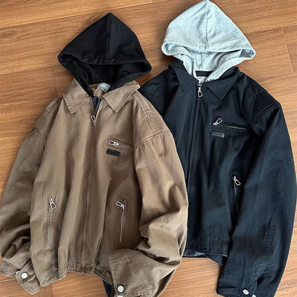 American Style Retro Fake Two-piece Design Sense Hooded Jacket Men's Spring New Fashion Brand cleanfit Short Jacket Top