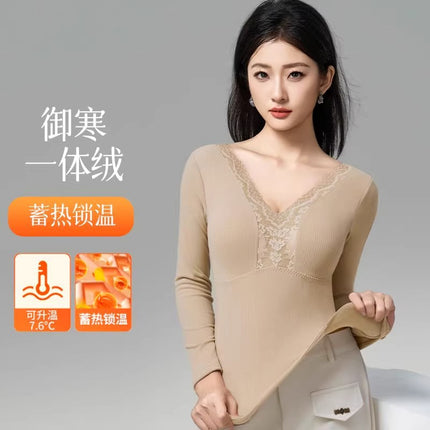 Autumn and Winter Light Cloud-Like Warm Top with Chest Pad V Neck Long-Sleeved Slimming Body Sexy Seamless Comfortable Base Layer