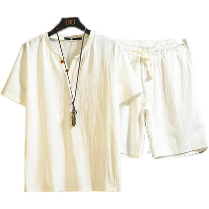 Cotton and Linen Short-Sleeved Shorts Suit for Men, Chinese Style Loose Large Size Collared Shirt, Summer Trendy Casual Sports Two-Piece Set Tang