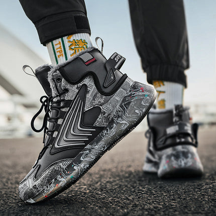 sneakers cross-border plus size graffiti luminous student sneaker northeast trend fleece-lined thick high-top large cotton shoes