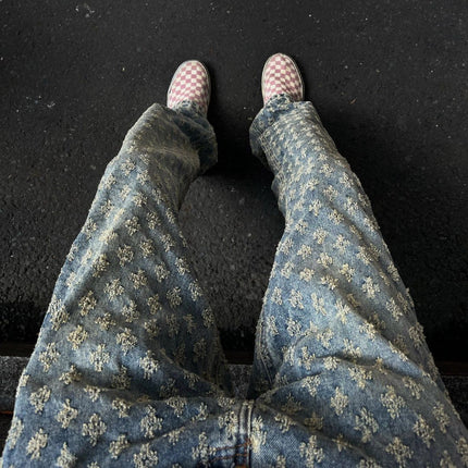 European and American High Street Hip-Hop Pants Trendy Brand Stylish Streetwear Men's Jacquard Full Print Jeans Flared Slim Straight Pants