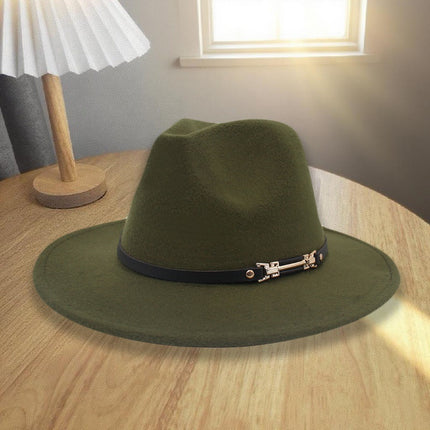 European and American Autumn and Winter Woolen Denim Jazz Felt Hat with Cow Head Label, Large Brim Fedora, Xizang Ethnic Style Outdoor Bucket Hat