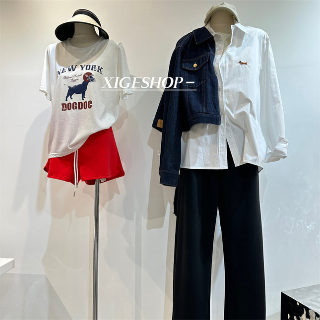 American Style Retro Printed Dog Letter Short-sleeved T-shirt Women's All-match Loose White Casual Korean Style Top Cartoon T-shirt for Summer