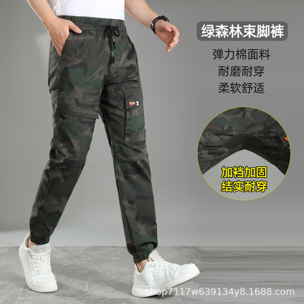 Elastic Work Pants for Men, Cotton Material, Elastic Waist, Spring and Autumn Camouflage Pants, Stain-Resistant Workwear Pants Wholesale