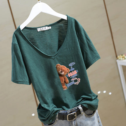 V-neck T-shirt Women's Cotton 2025 White Cartoon Short-sleeved regular Loose Printed Commuting Solid Color Base Shirt Trendy