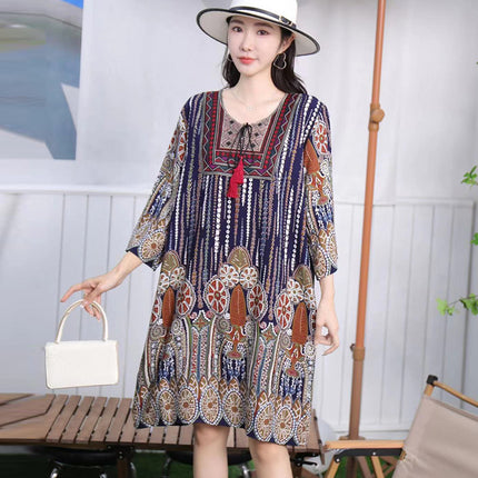 Extra Large Size Ethnic Style Round Neck Three-Quarter Sleeve Dress Loose Embroidered Flower Cotton Silk Travel Beach Skirt for Women