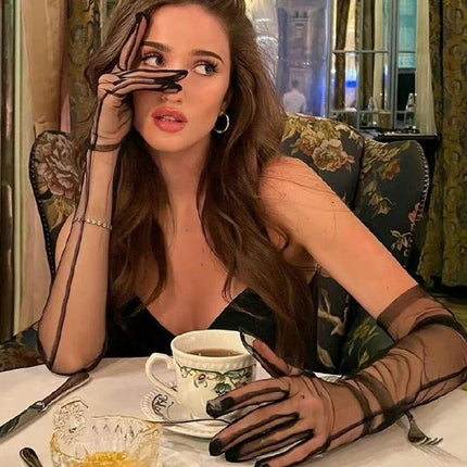 European and American Sexy Black Extra Long Yarn Transparent Gloves Finger Tulle Premium Ball Party Halloween Decorative Hand Sleeve