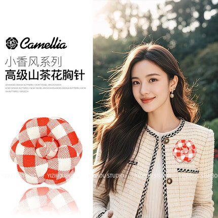 Camellia Brooch with High-Quality Plaid Fabric for Summer and Autumn, Versatile Pin Brooch for High-End Clothing and Bags