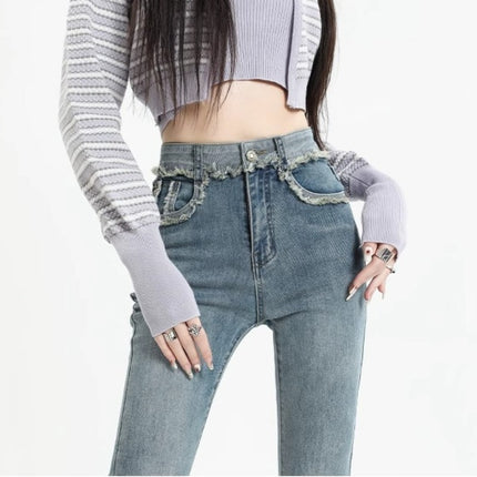 Burr-Edge Micro-Raise Jeans Women's Trendy All-Match New Explosive High-Waist Slim-Fit Horseshoe Trousers