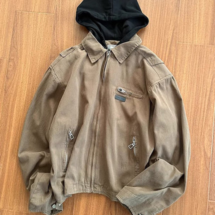 American Style Retro Fake Two-piece Design Sense Hooded Jacket Men's Spring New Fashion Brand cleanfit Short Jacket Top