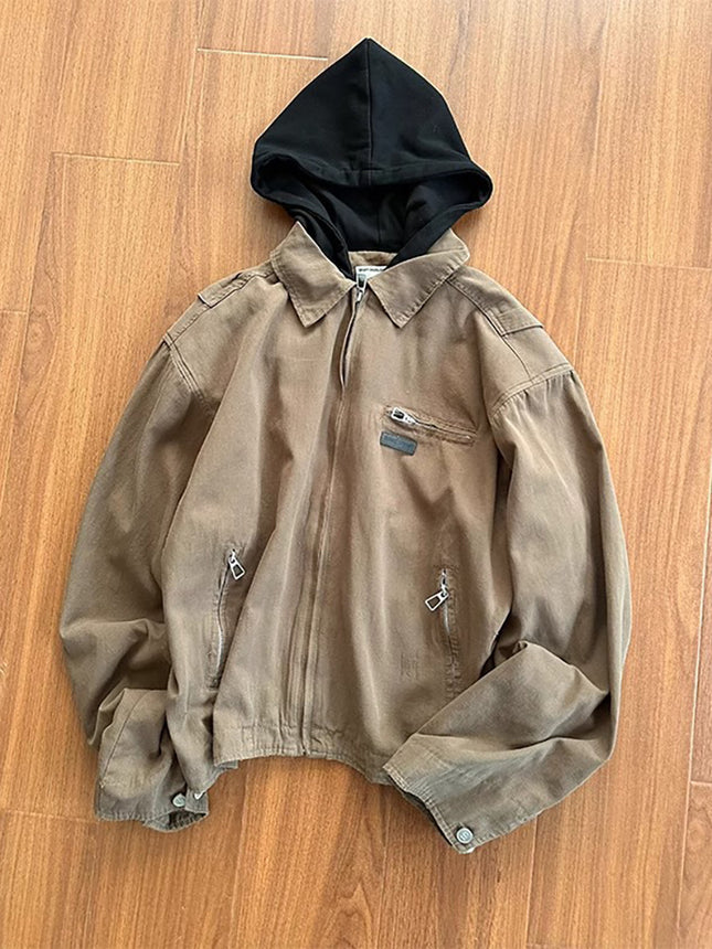 American Style Retro Fake Two-piece Design Sense Hooded Jacket Men's Spring New Fashion Brand cleanfit Short Jacket Top