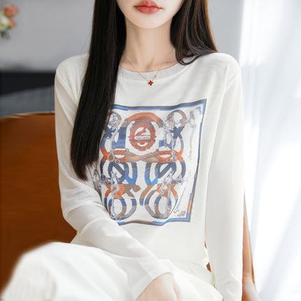 European Station Spring New Rhinestone Printed Tencel Long-Sleeve T-Shirt for Women Casual Fashion White Base Shirt Top Ins