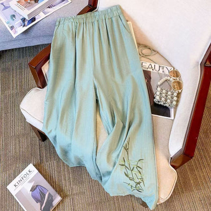 Loose-Fitting Cotton and Linen Embroidered Wide-Leg Pants for Women, Summer Pants, Slimming High-Waisted Thin Straight-Leg Casual Pants for Women