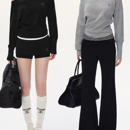 ANDYET Original Slant Shoulder Bat Sleeve Long-sleeved T-shirt Women's Fashion Sweatpants suit Lazy Elegant Two-piece Set