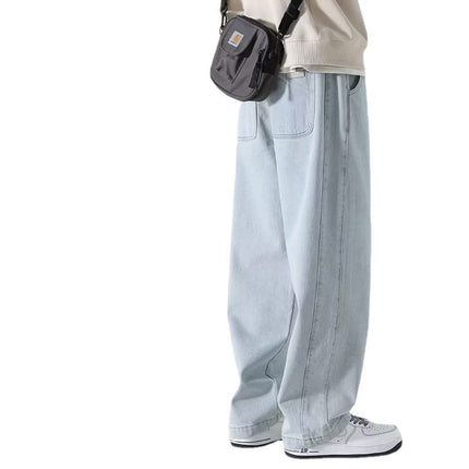 Trendy Brand Japanese Style Retro light blue Straight Jeans Men's Spring and Summer New High Street Loose Wide Leg Long Pants