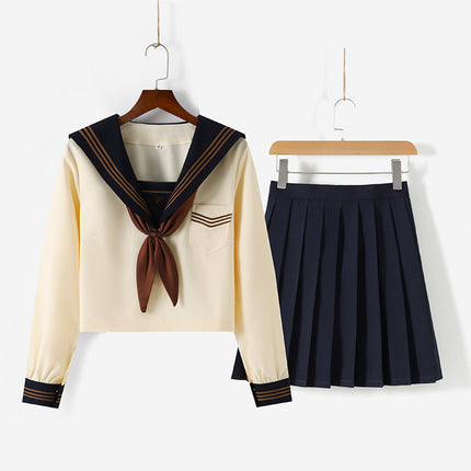 Manufacturer Supplies Jk Uniform Yellow Three-Piece Sailor Suit Short-Sleeve Tea Feather Spring and Autumn Long-Sleeve Pleated Skirt Set
