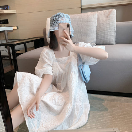 Cream Puff Princess Dress Summer Season Girl Puff Sleeve Waist White French Square Neck Elegant dress Children