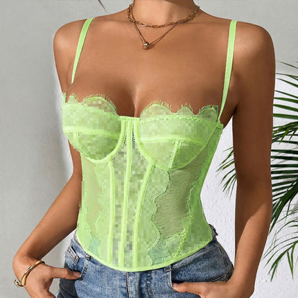 Sexy Push-Up Slim-Fit Fishbone Corset with Eyelash Lace Trim, Sheer Pure Desire Camisole Tank Top for Women to Wear Outside