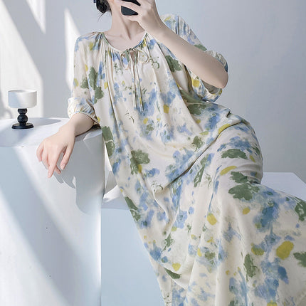 Mishiti Cotton Silk New Chinese Style Short-Sleeved Nightgown for Women, Summer Thin Style, National Style Cotton Silk Home Wear, Can Be Worn Outside