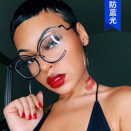 Folding Curved Leg Cat Eye Large Frame Hollow Flat Mirror 2023 New Metal Glasses Frame Ins Concave Shape Anti-Blue Light