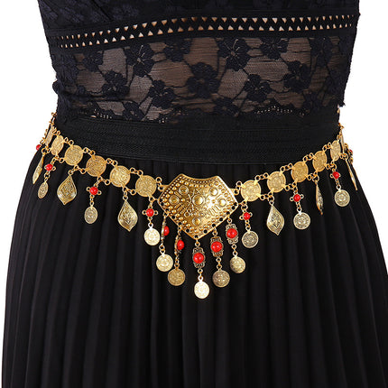 Bohemian Color Imitation Turquoise Waist Chain Ethnic Style Retro Love Coin Tassel Body Chain Female Xinjiang Travel Shooting
