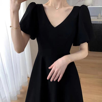 Large Size Chubby Girl French V-neck Hepburn Style Wine Red Dress Women's Summer Puff Sleeve Slim Belly Covering Long Dress